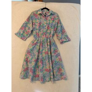 Vintage The American Shirt Dress Floral Cotton Midi Dress Pink Blue 14P USA Made